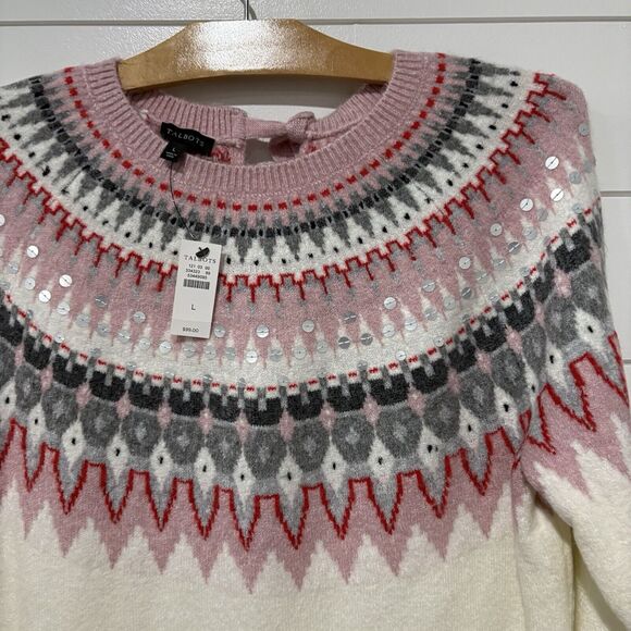 Talbots | Sweater Long Sleeve Fair Isle Cream Pink NWT- Size Large - Picture 2 of 8